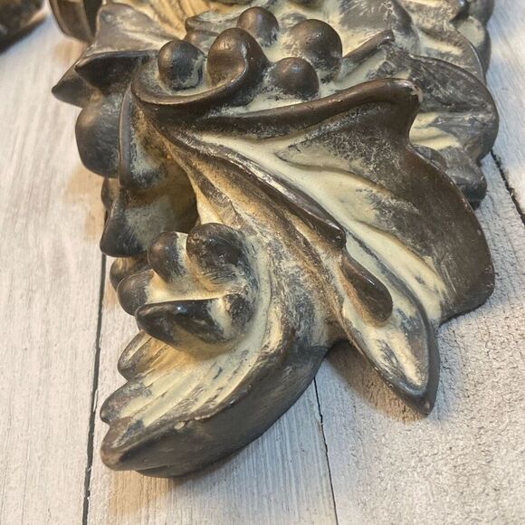 Pair Acanthus Leaf Ornate Wall Shelves Distressed Gold Brown Tan Tones Regency - Picture 6 of 12